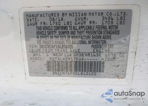 2019 Nissan Versa 1.6 S+ from USA, damaged, VIN 3N1CN7APXKL810120